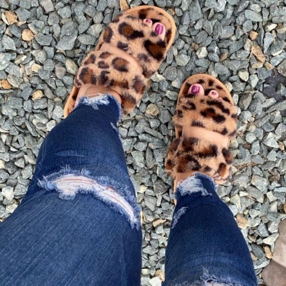 Leopard Print Fuzzy Open Toe Slippers Tan & Brown, Size 8.5, Cozy House Shoes - Picture 2 of 3